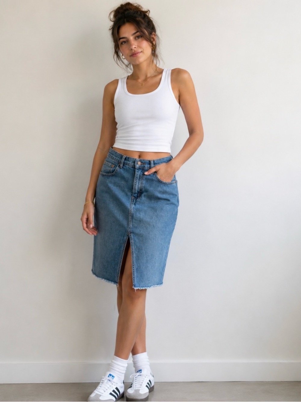Blue Denim Midi Skirt with Front Slit